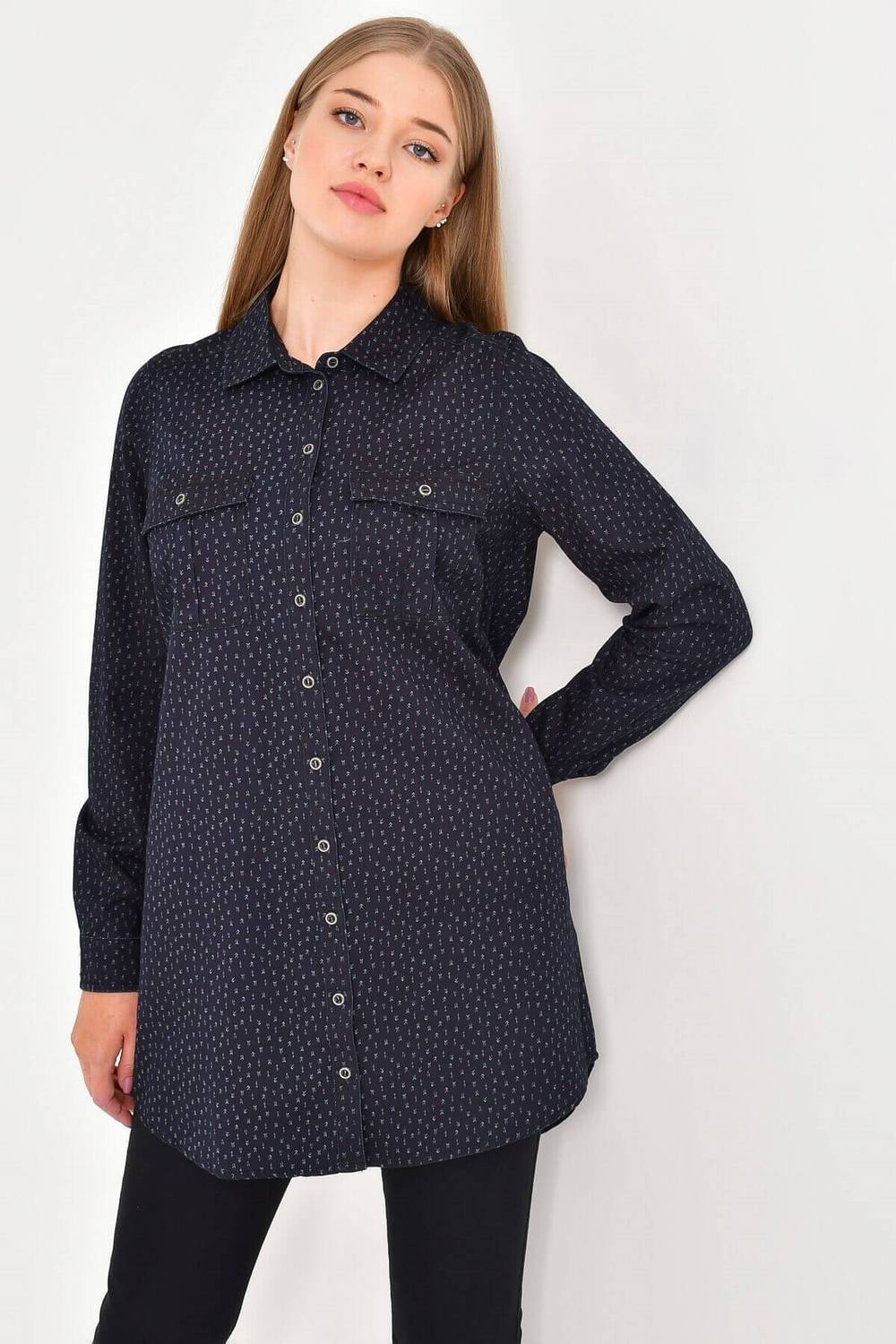 Long Sleeve Patterned Denim Tunic