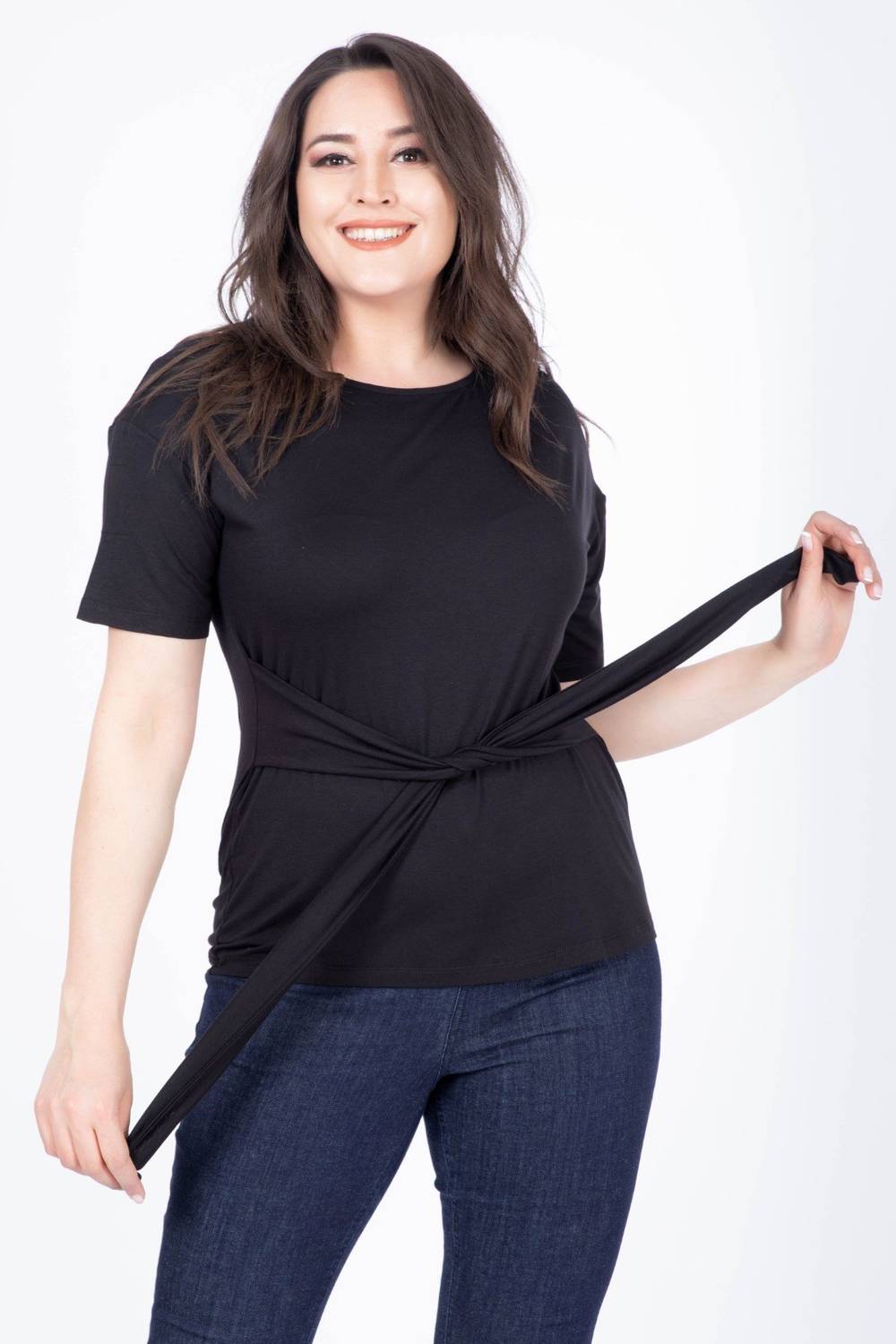 Футболка с завязками спереди больших размеров, черная, свободный крой, короткий рукав, легкий трикотаж, 96% вискоза, 4% эластан