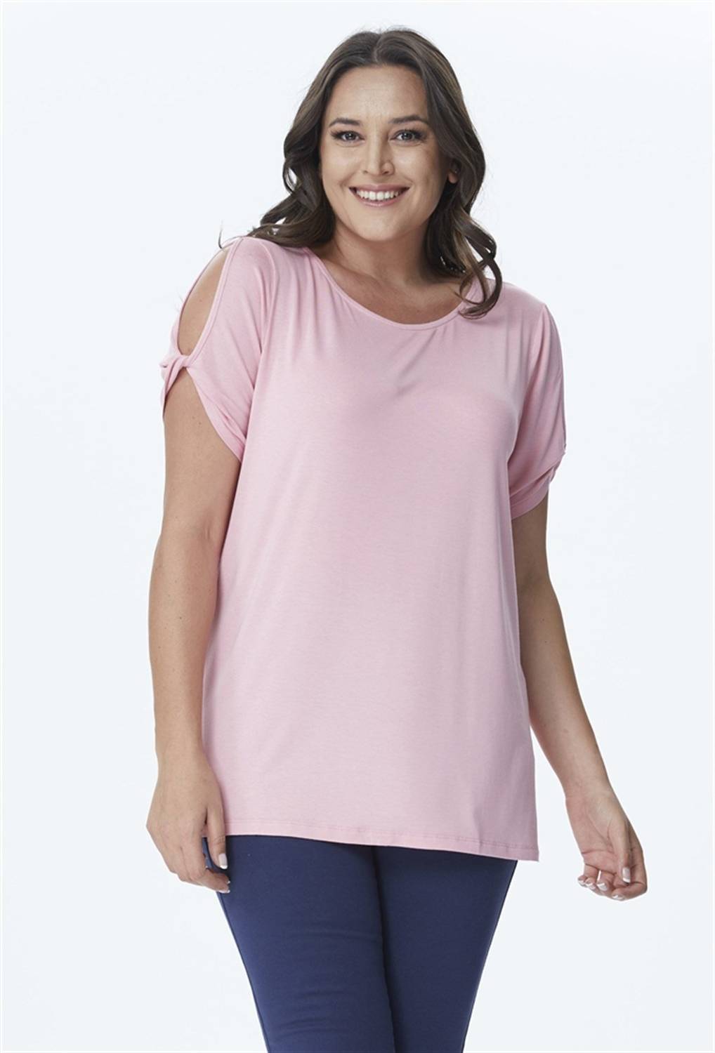 Футболка з деталями на плечах великих розмірів, стандартний крій, глибоке велосипедне горло, короткий рукав, рожева, 96% віскоза, 4% еластан