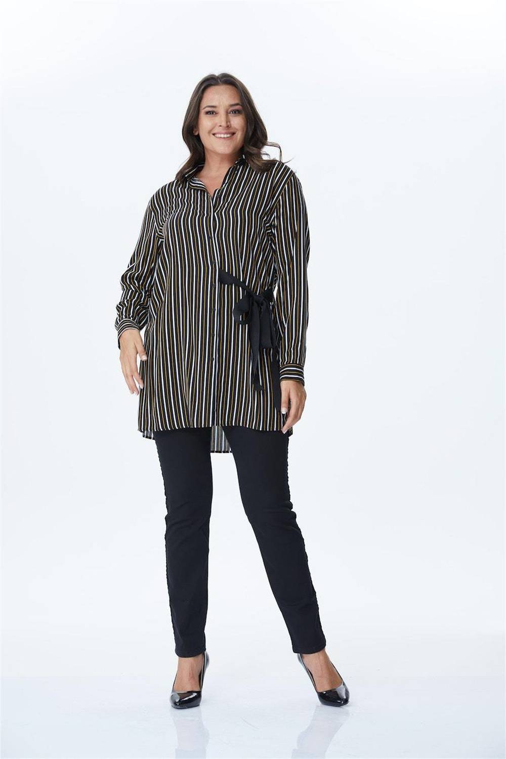 Lacing Detail Striped Long Shirt