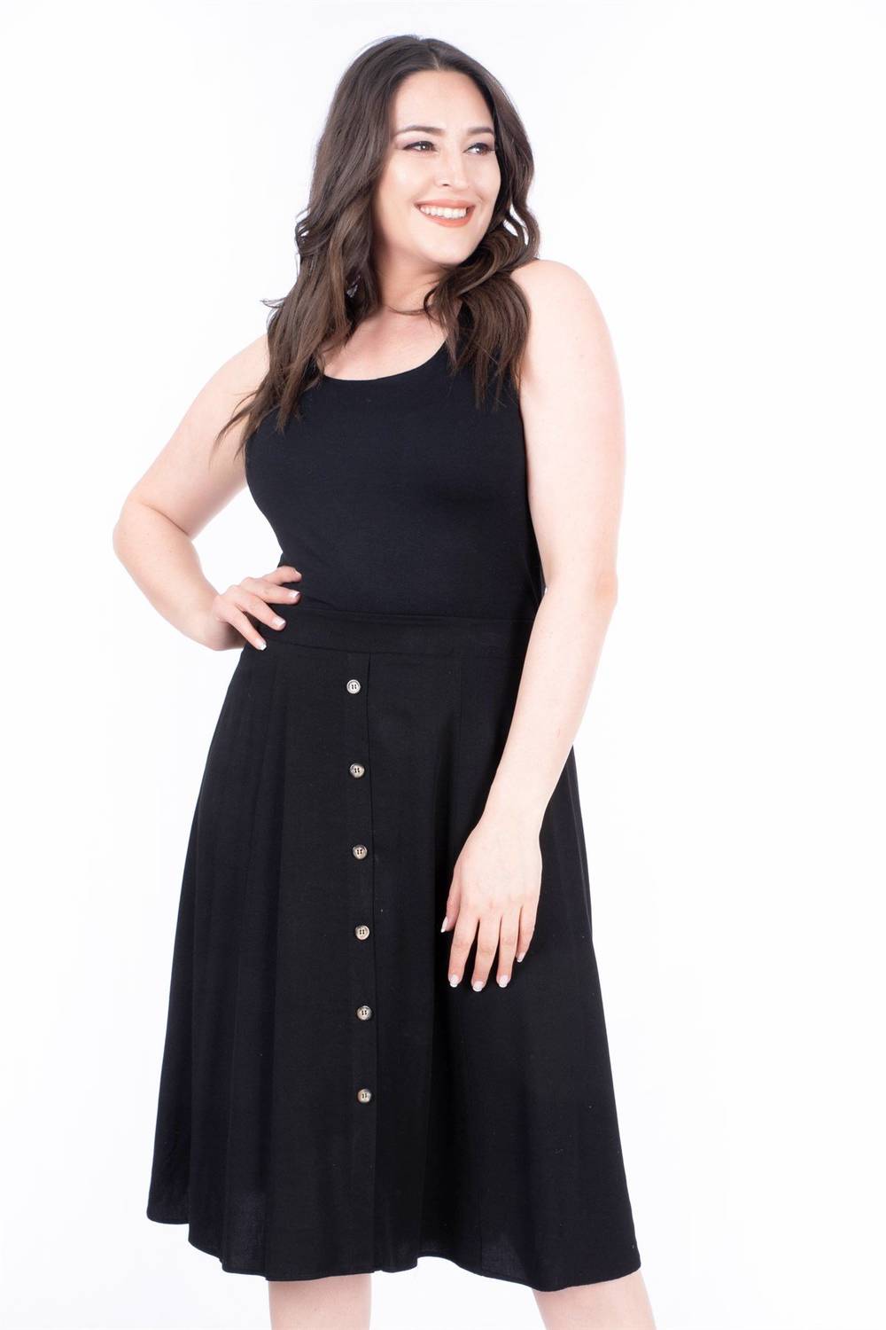 Спідниця з гудзиками спереду, великий розмір, чорна, еластичний пояс, 100% віскоза, довжина 71 см, модель 42