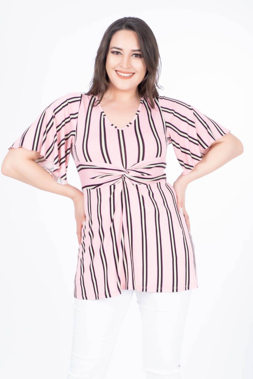Блуза с пелериновыми рукавами и узлом, большой размер, полоска, V-образный вырез, средняя плотность, мягкая трикотажная ткань, цвет: розовый