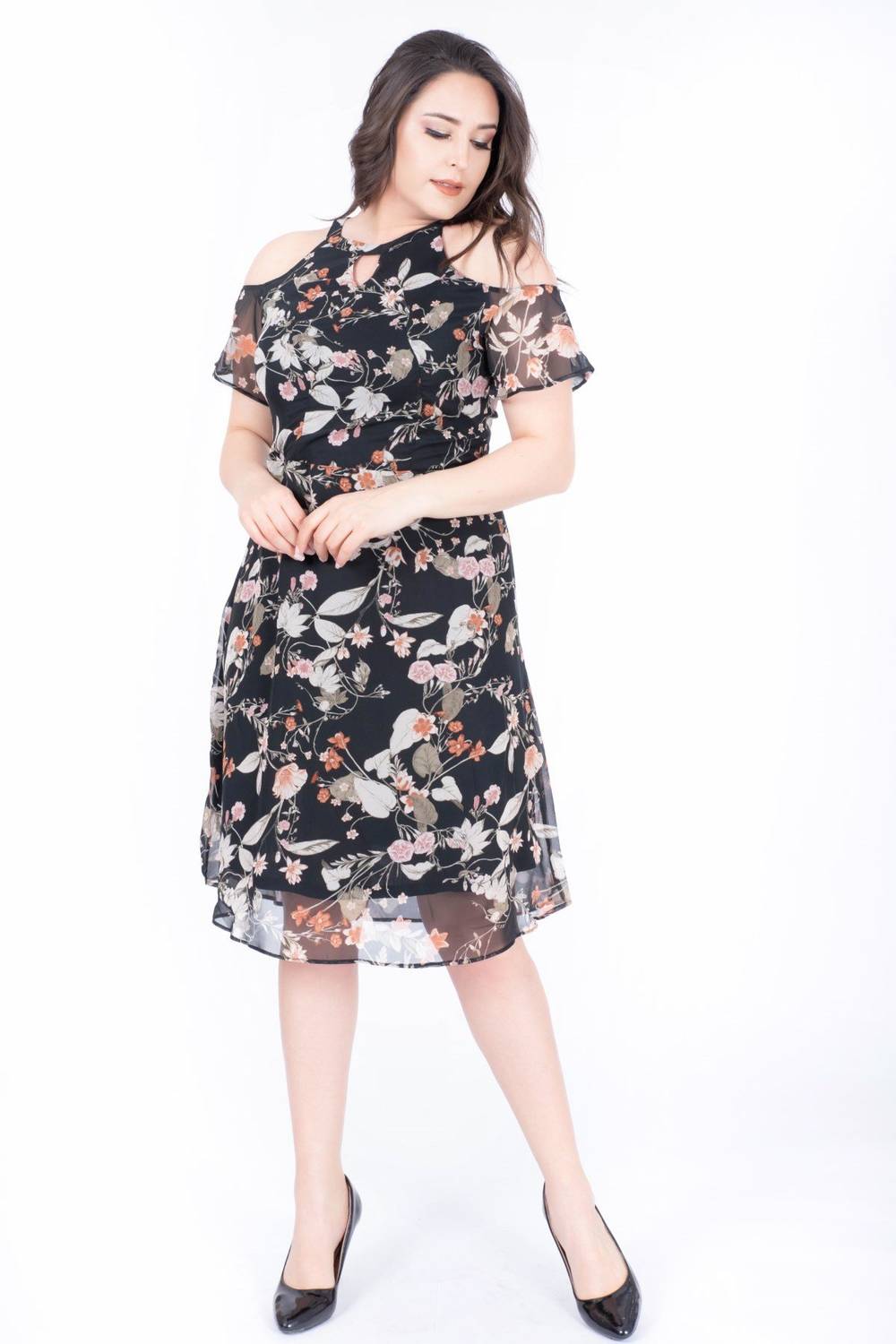 Off Shoulders Lined Chiffon Dress