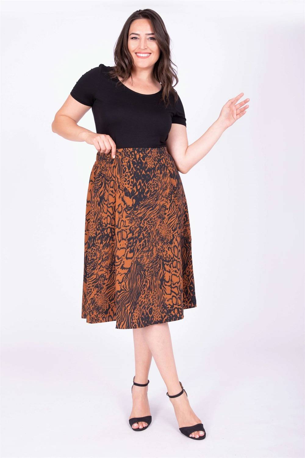 Поясная юбка с резинкой на спине, большой размер, прочная ткань, узор, длина до колена, средняя толщина, цвет коричневый