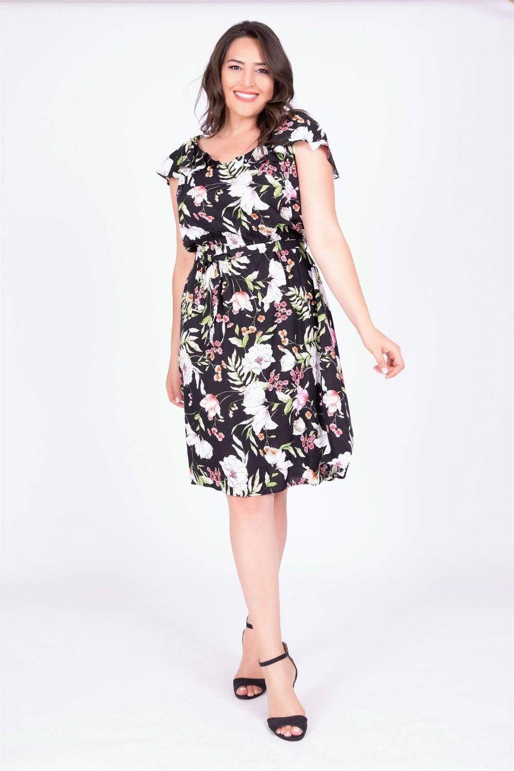 Сукня з воланами на комірі для великих розмірів, V-подібний виріз, короткий рукав, середня товщина, тканина 100% віскоза, чорна