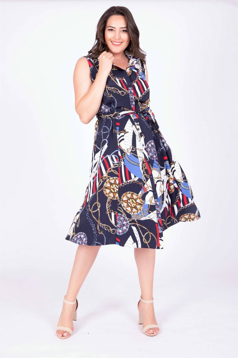 Безрука сукня з малюнком для великих розмірів, 100% поліестер, комір сорочки, зручний крій, до коліна, моделі від Myline