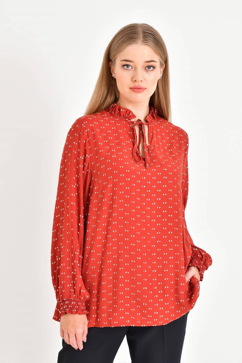 Glittery Long Sleeve Lace-Up Blouse