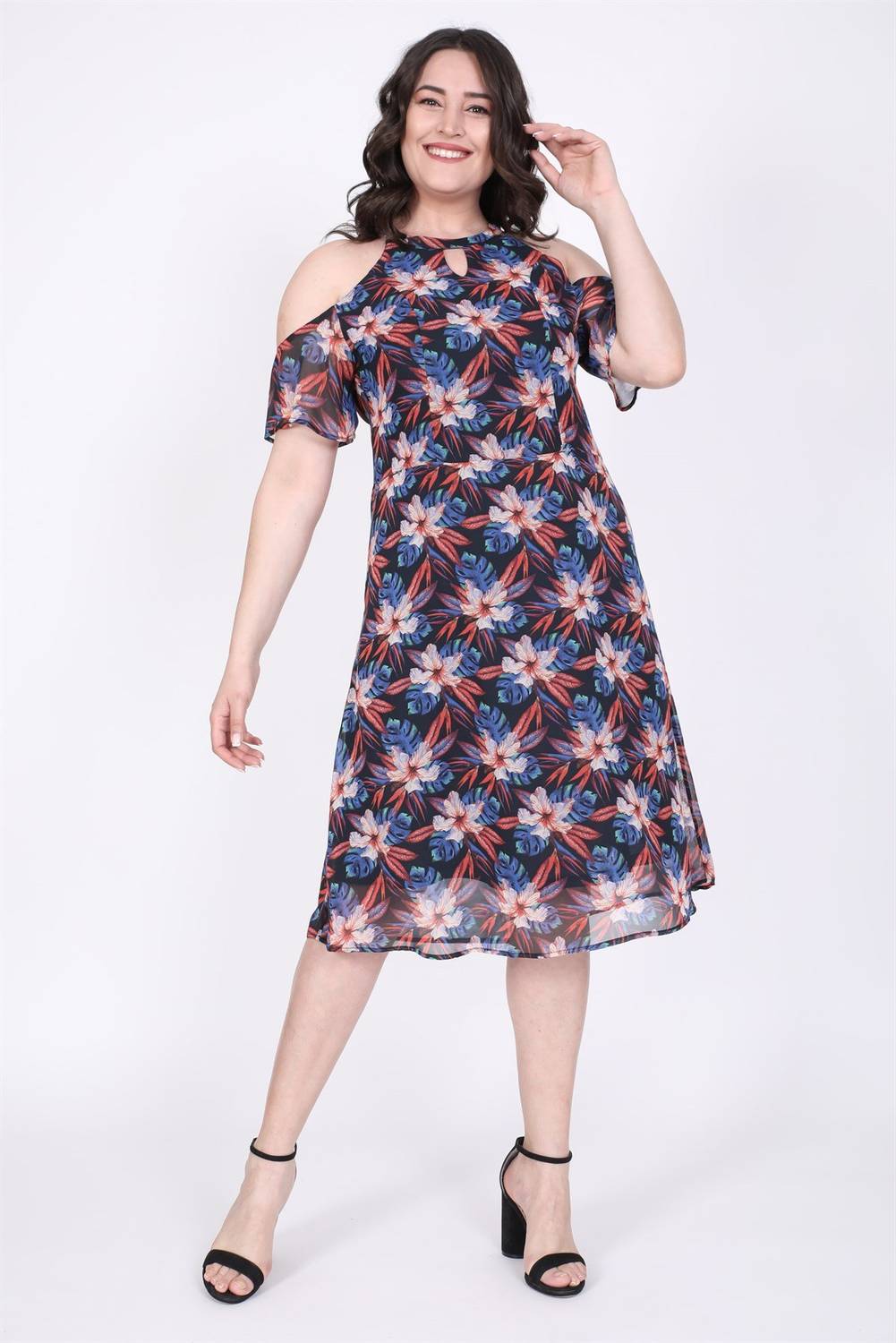 Жіноча шифонова сукня з відкритими плечима, підкладка, квітковий принт, р. 40-52, темно-синій, середня довжина, короткий рукав