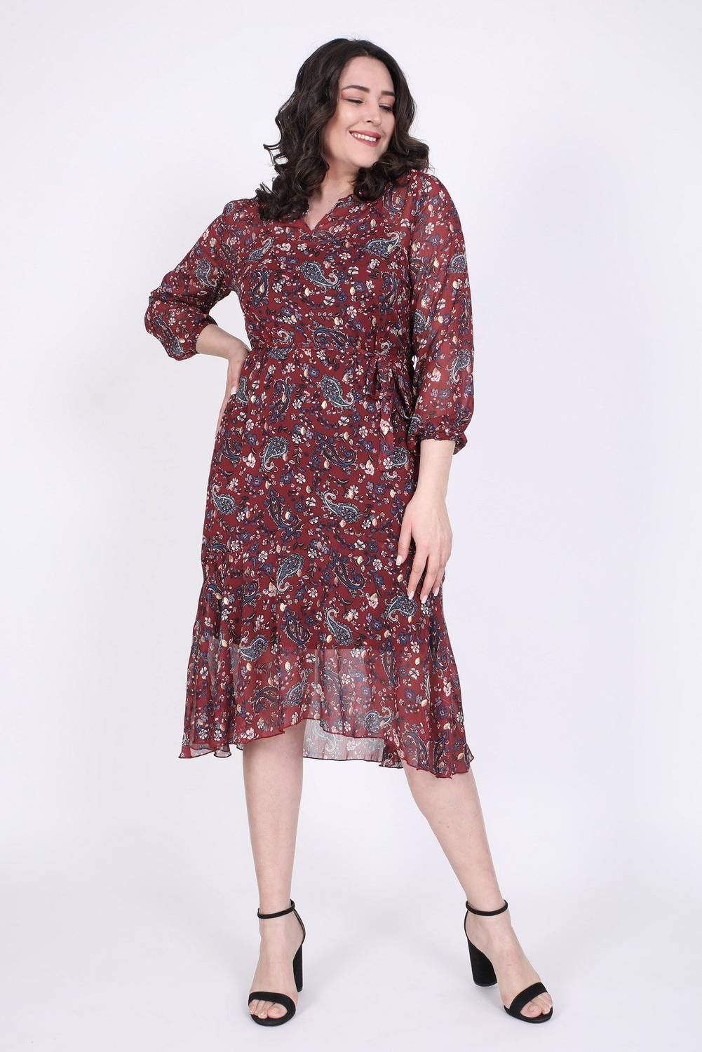 Eteği Volanlı Şifon Elbise