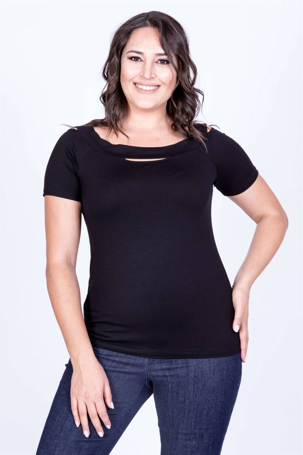 Slit Carmen Collar T-Shirt