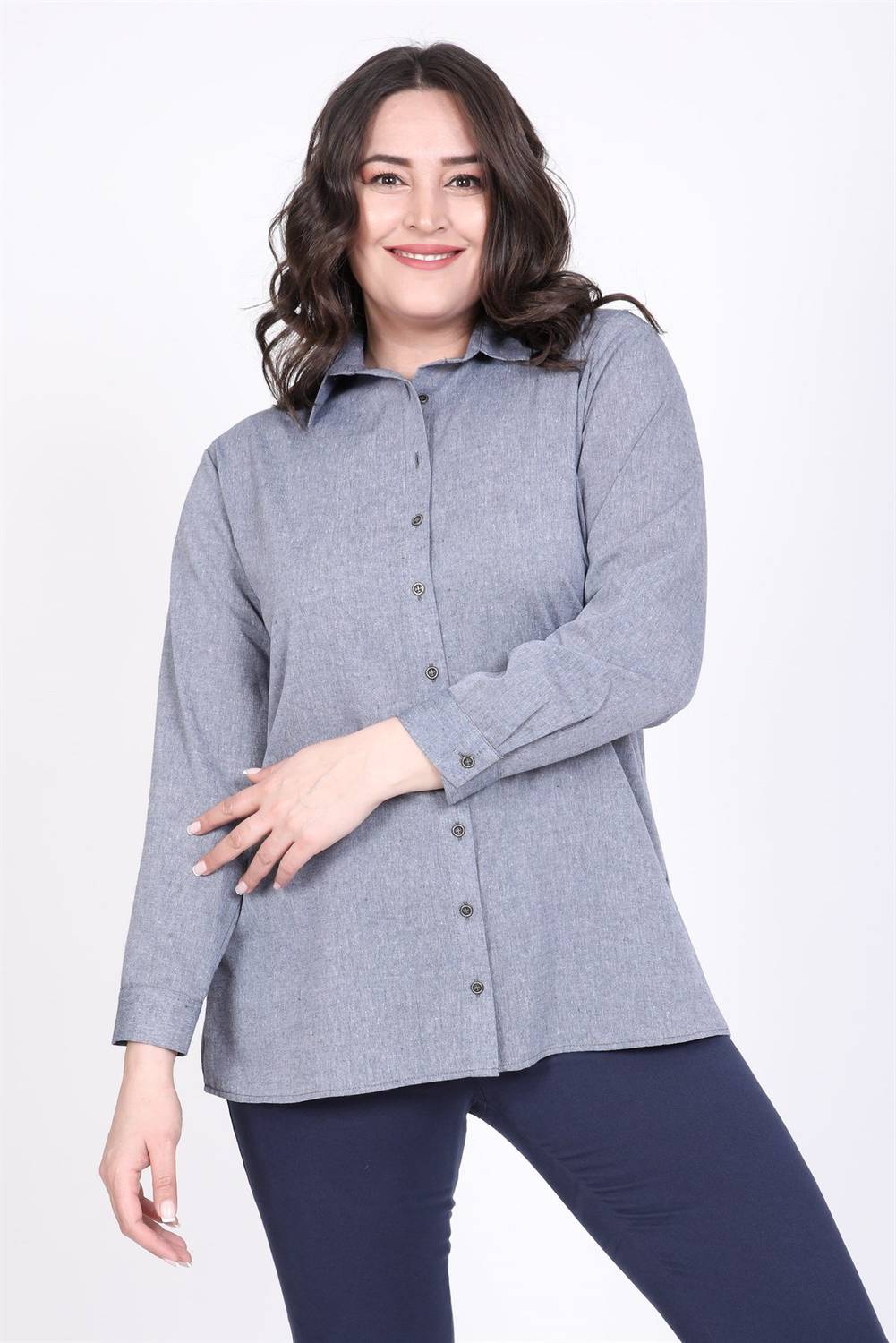 Блуза з денім-ефектом великого розміру, довгий рукав, 100% бавовна, комфортний крій, доступна в синьому, розміри 40-52