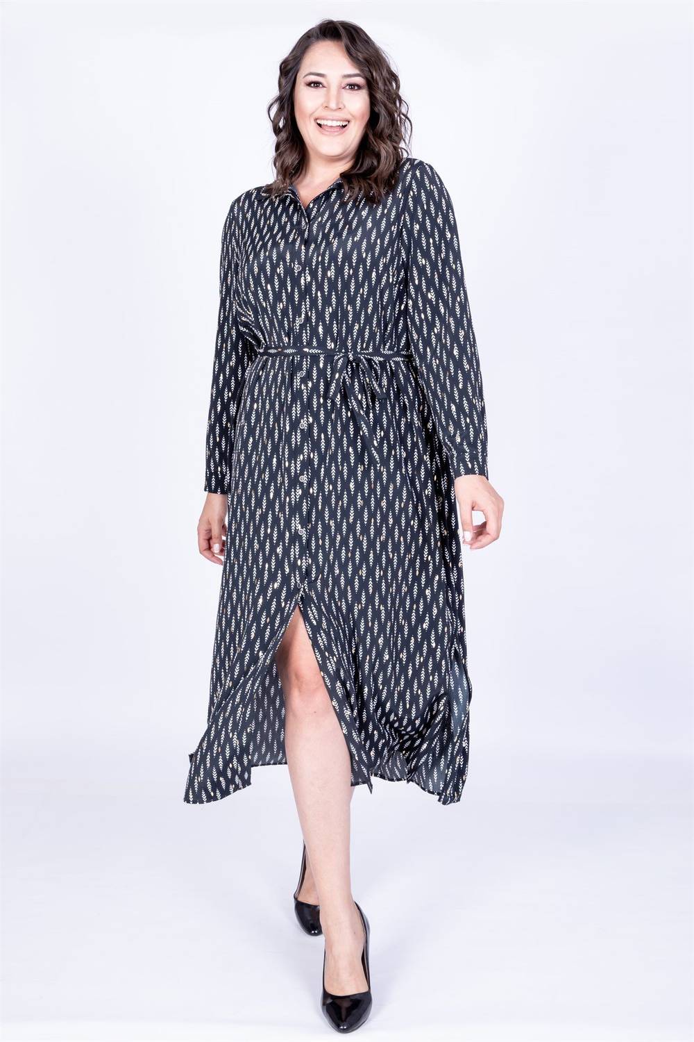 فستان قميص بحزام مشقوق