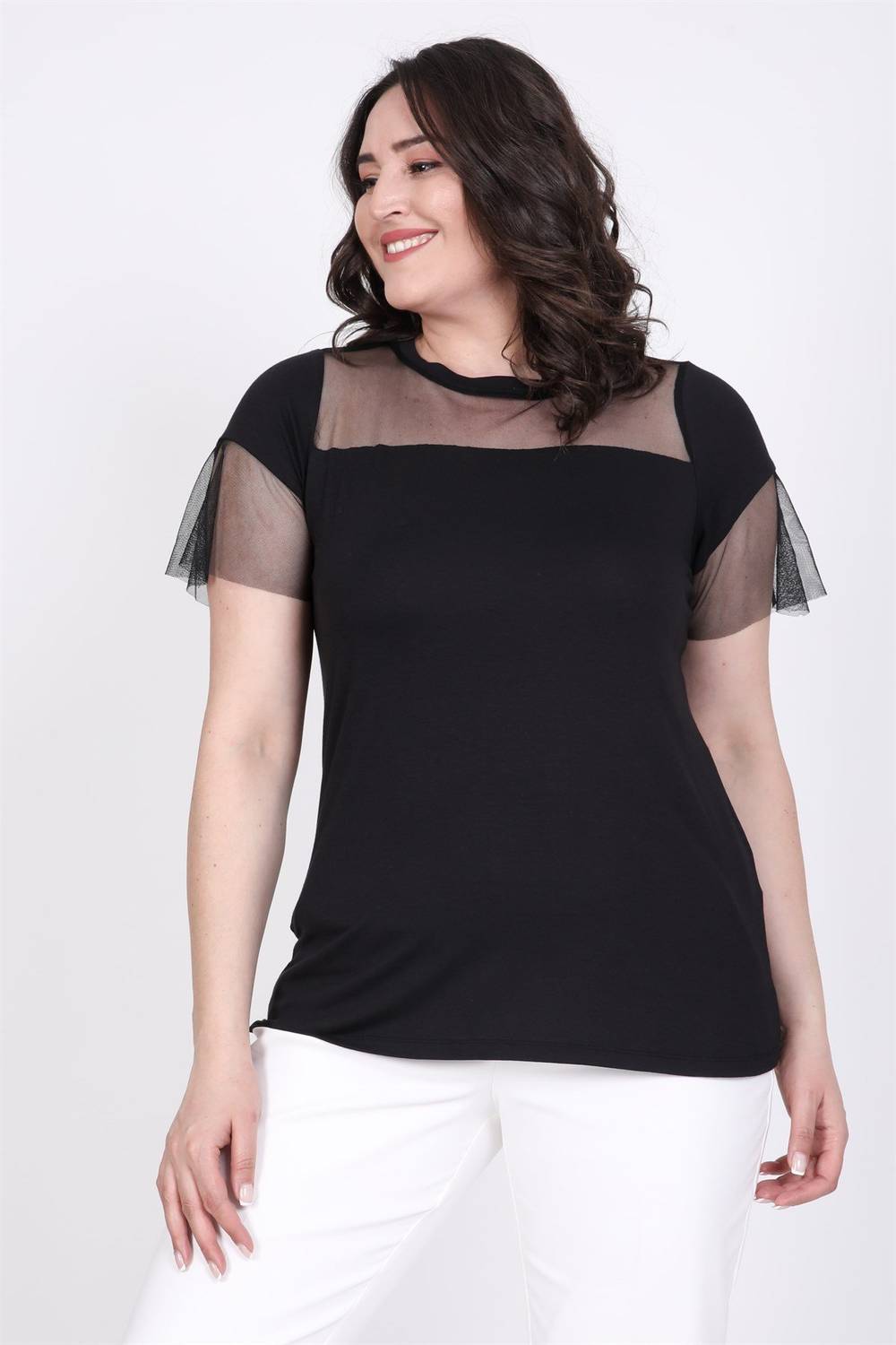 Front And Sleeves Tulle Detailed T-Shirt