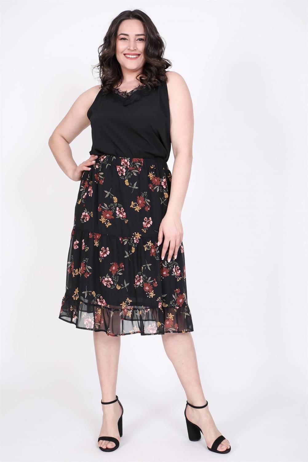 Шифоновий спідниця з квітковим візерунком для великих розмірів, еластичний пояс, 100% поліестер, довжина середня, стандартна посадка, розмір 44-52