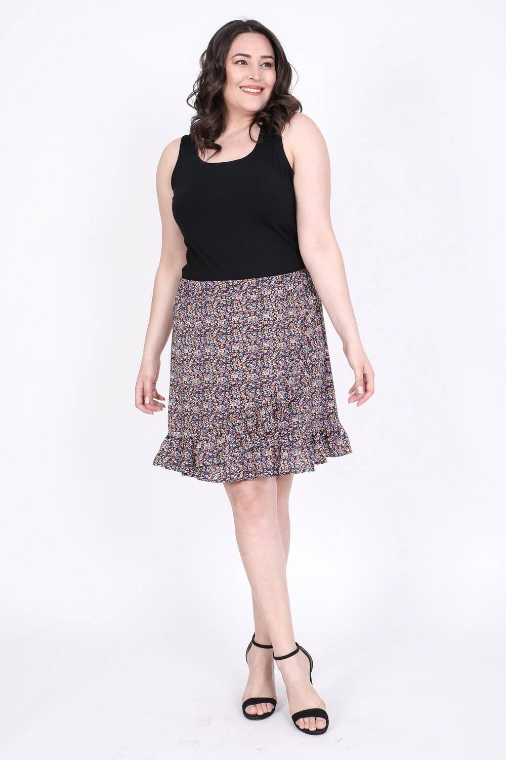 Мини-юбка с воланами и подкладкой, цвет: темно-синий, большие размеры, цветочный узор, нормальная талия, легкая ткань, 97% полиэстер, 3% эластан