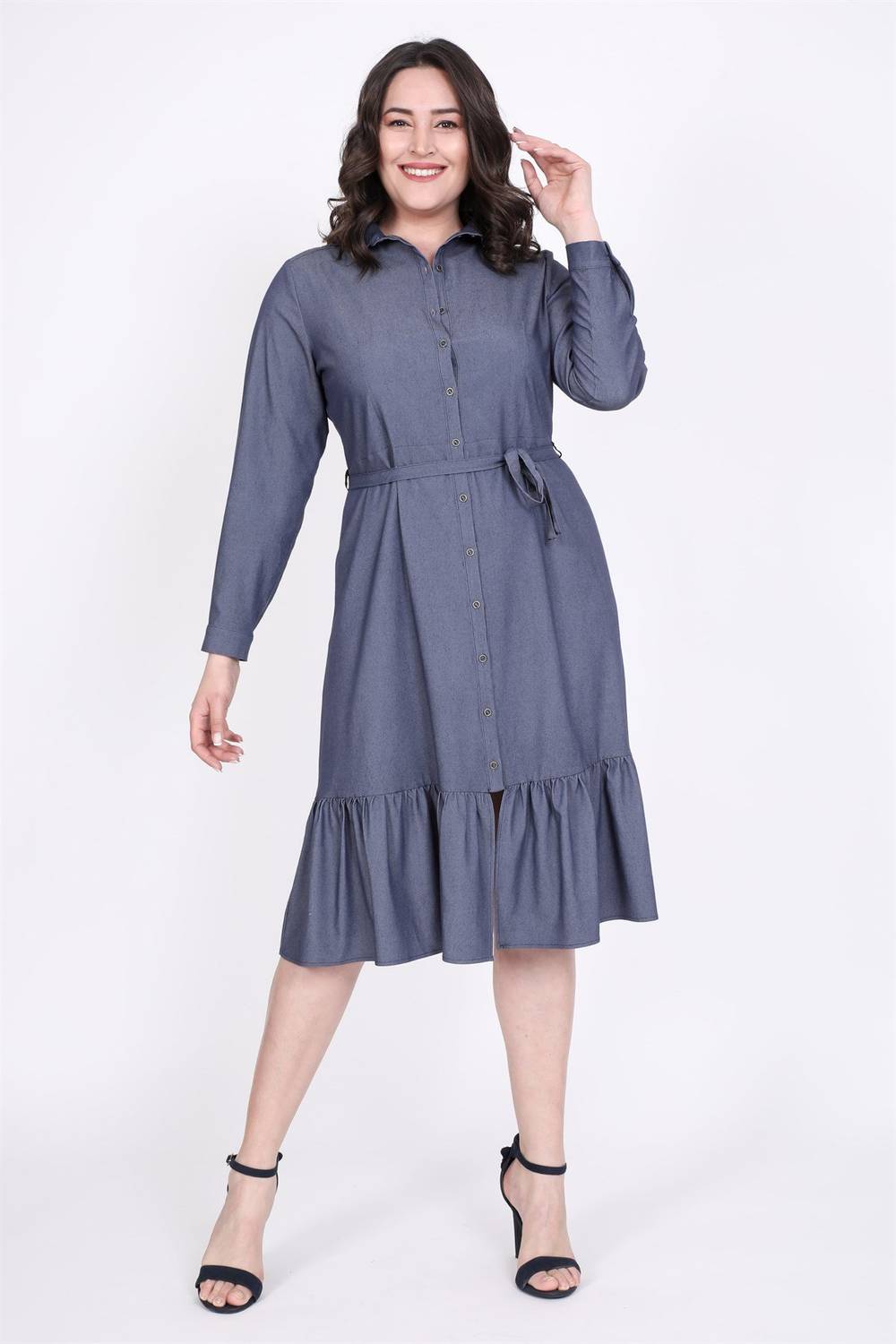 Сукня-рубашка з воланами, великий розмір, середня довжина, джинсовий колір, 50% бавовна, 50% поліестер, розміри 40-52