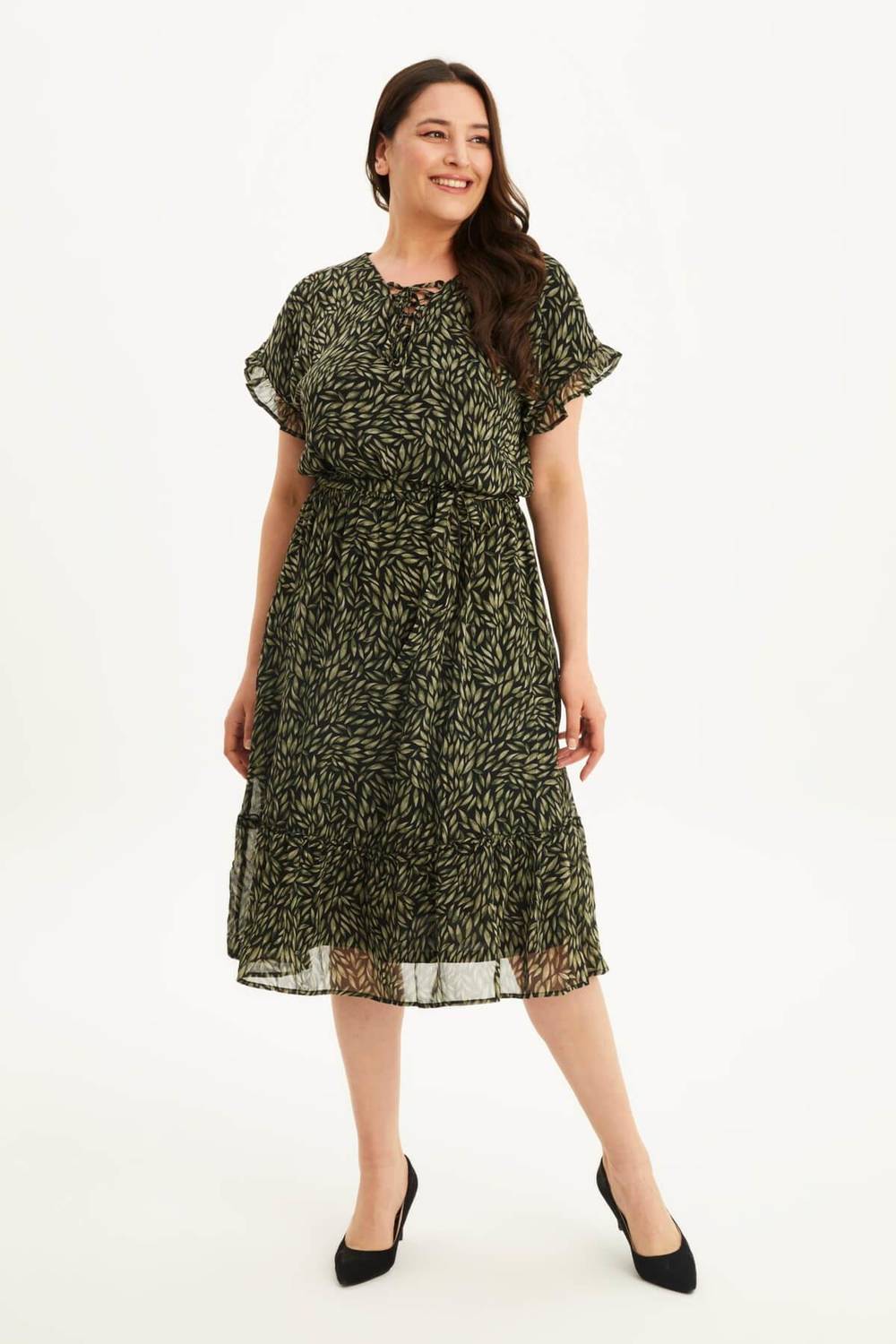 Ruffle Detailed Chiffon Dress With Lace Up Front