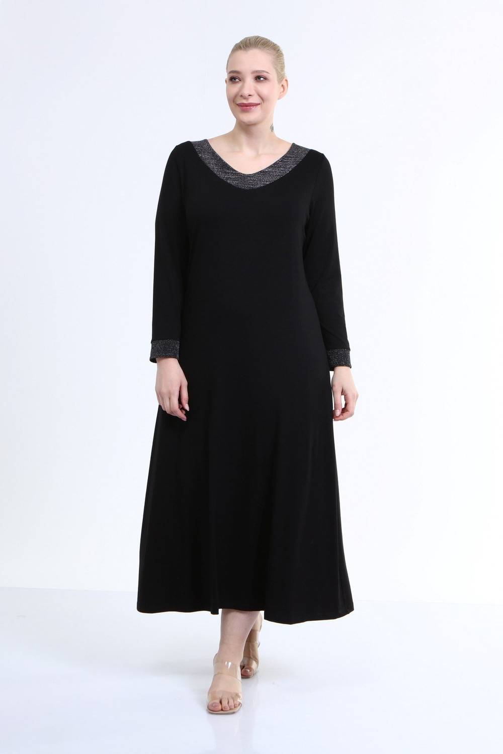 Элегантное платье с длинными рукавами и V-образным вырезом, золотистый блеск, комфортный крой, размер XL-3XL, черный цвет