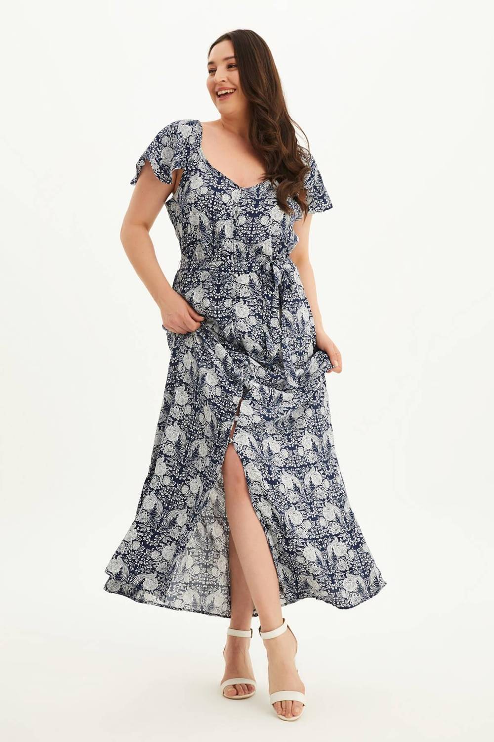 Сукня довга з воланами, великий розмір, квітковий принт, V-подібний виріз, короткий рукав, з поясом, ніжна текстура, 100% віскоза