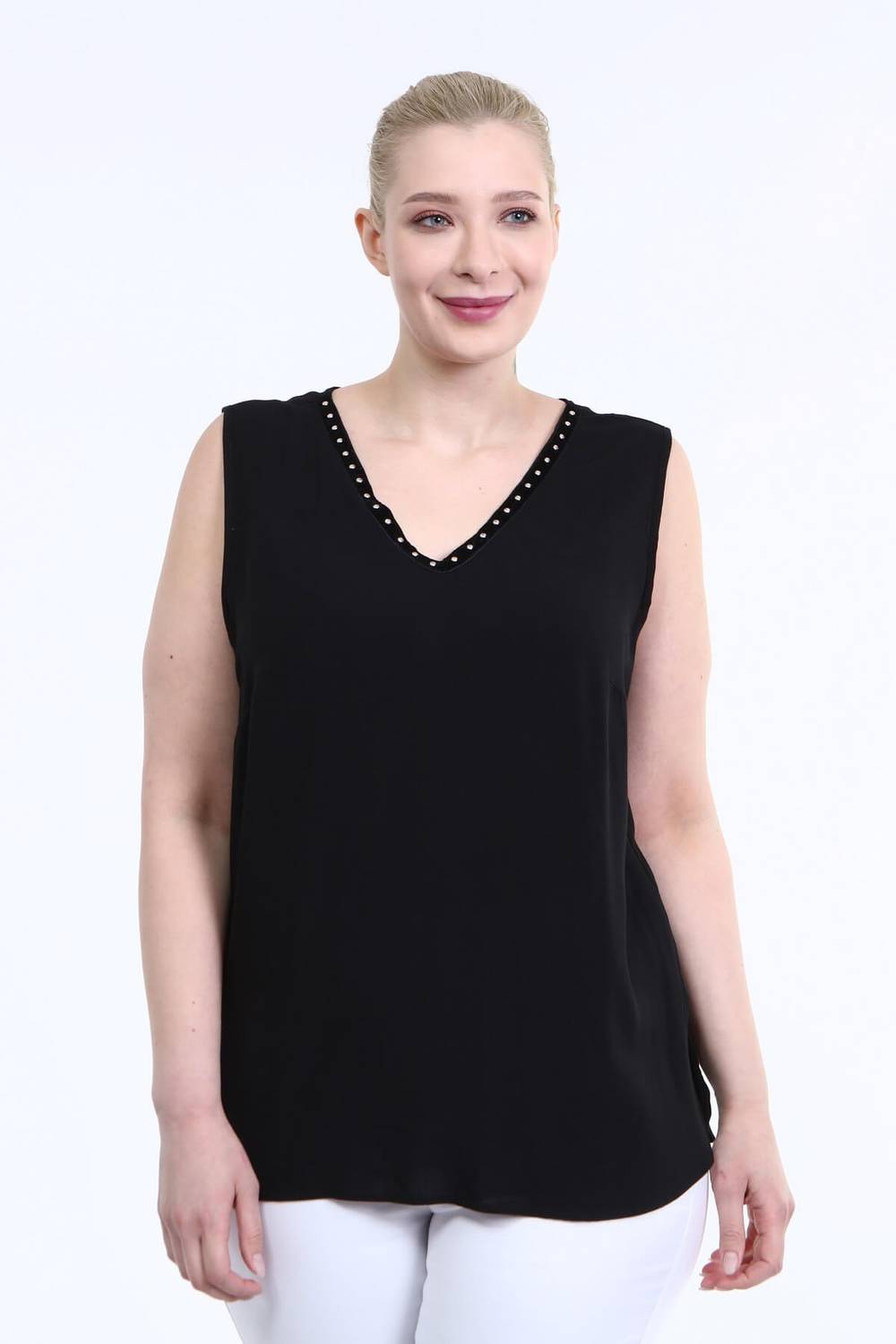 V Yaka Şerit Detay Kolsuz Bluz 