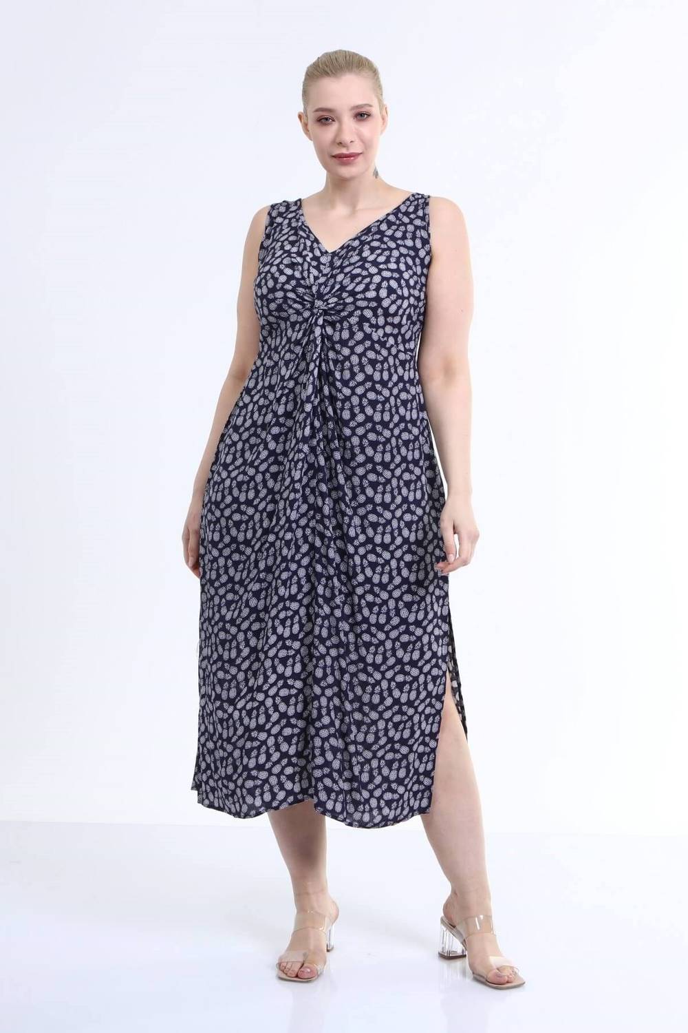 Önü Düğüm Detaylı Askılı Elbise