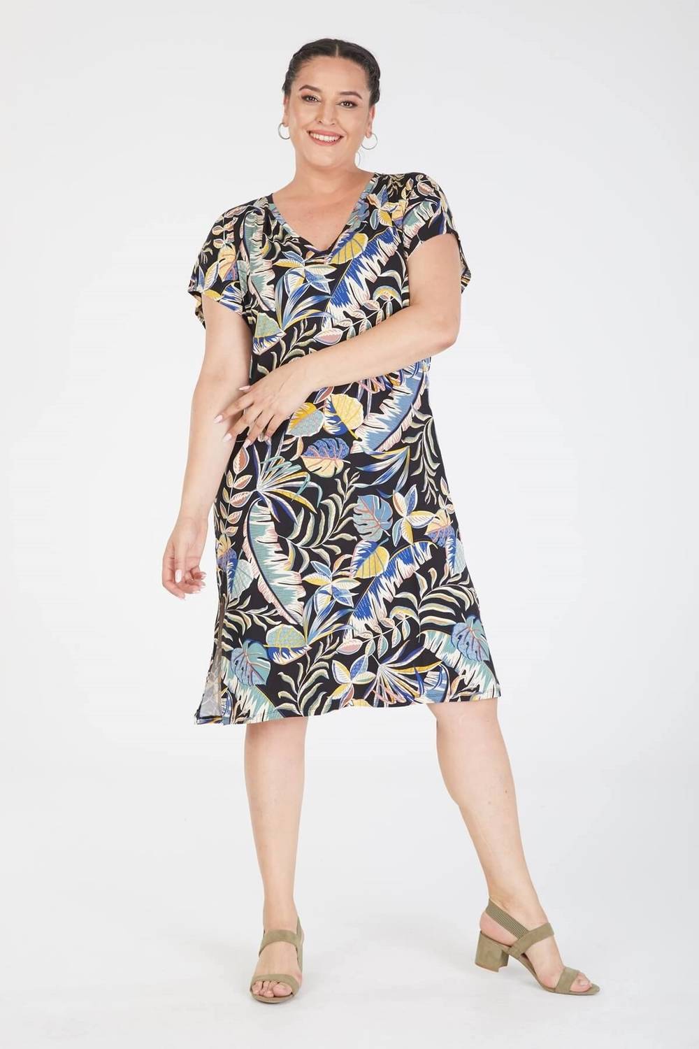 Сукня з низьким рукавом великого розміру, тропічний малюнок, V-виріз, вільний крій, довжина до колін, середня товщина, 96% віскоза 4% еластан