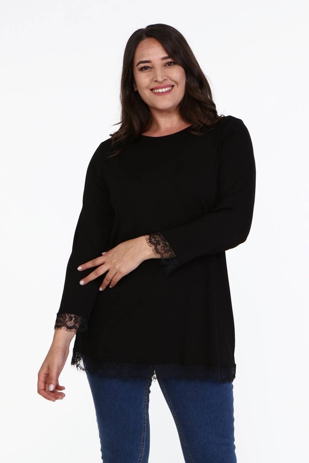 Туніка з мереживом на рукавах і подолі у великих розмірах, бавовняна, вільного крою, чорного кольору, для стильного вигляду