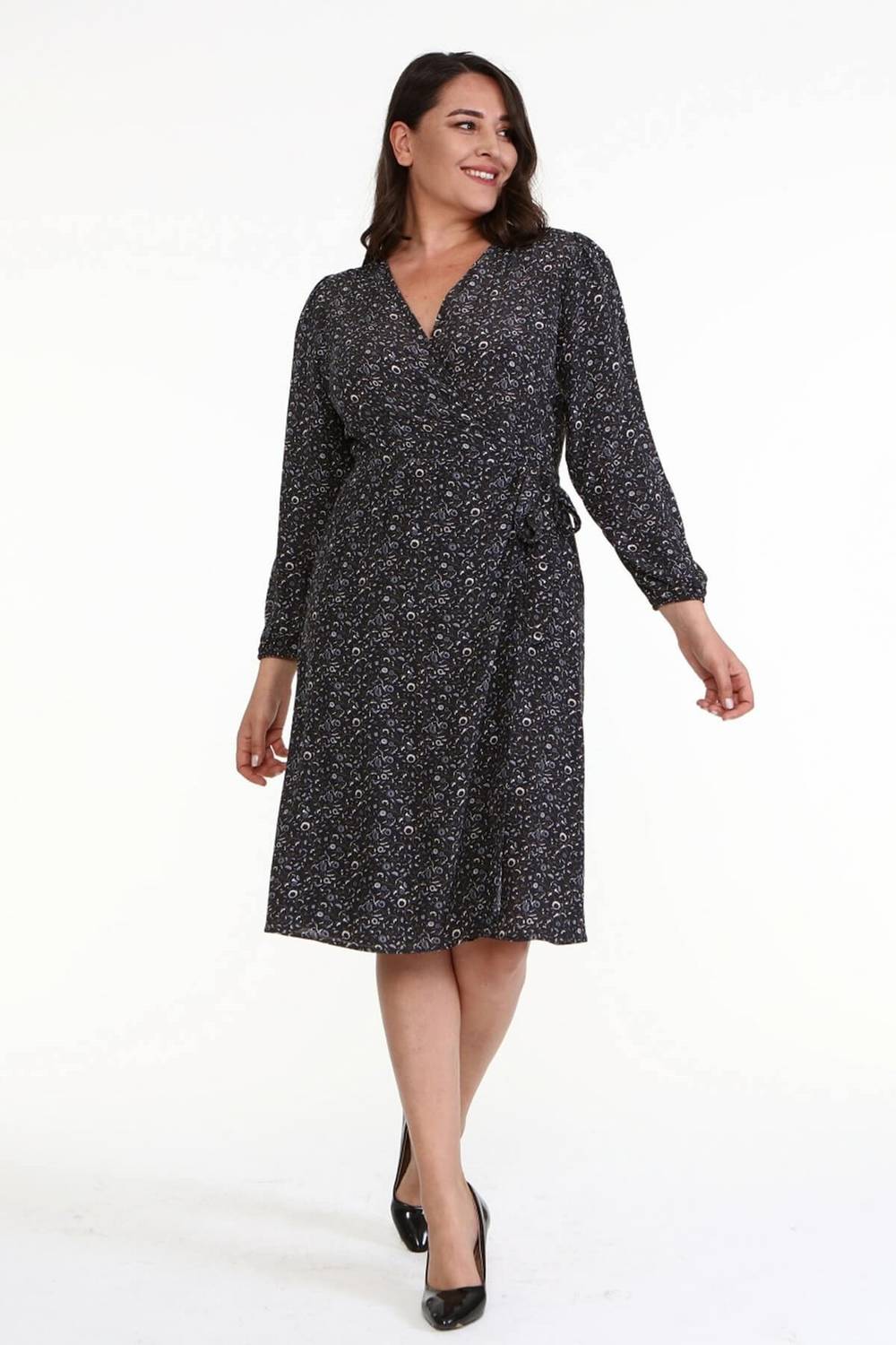 Сукня з об'ємним крисом і квітковим малюнком, V-подібний виріз, довгий рукав, м'яка тканина, розмір 44-52, коричневий колір