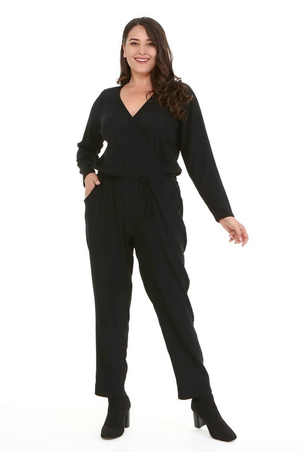 Сукня-постіль розміру плюс з V-подібним вирізом, довгими рукавами та еластичним поясом, чорного кольору, моделі 44-54