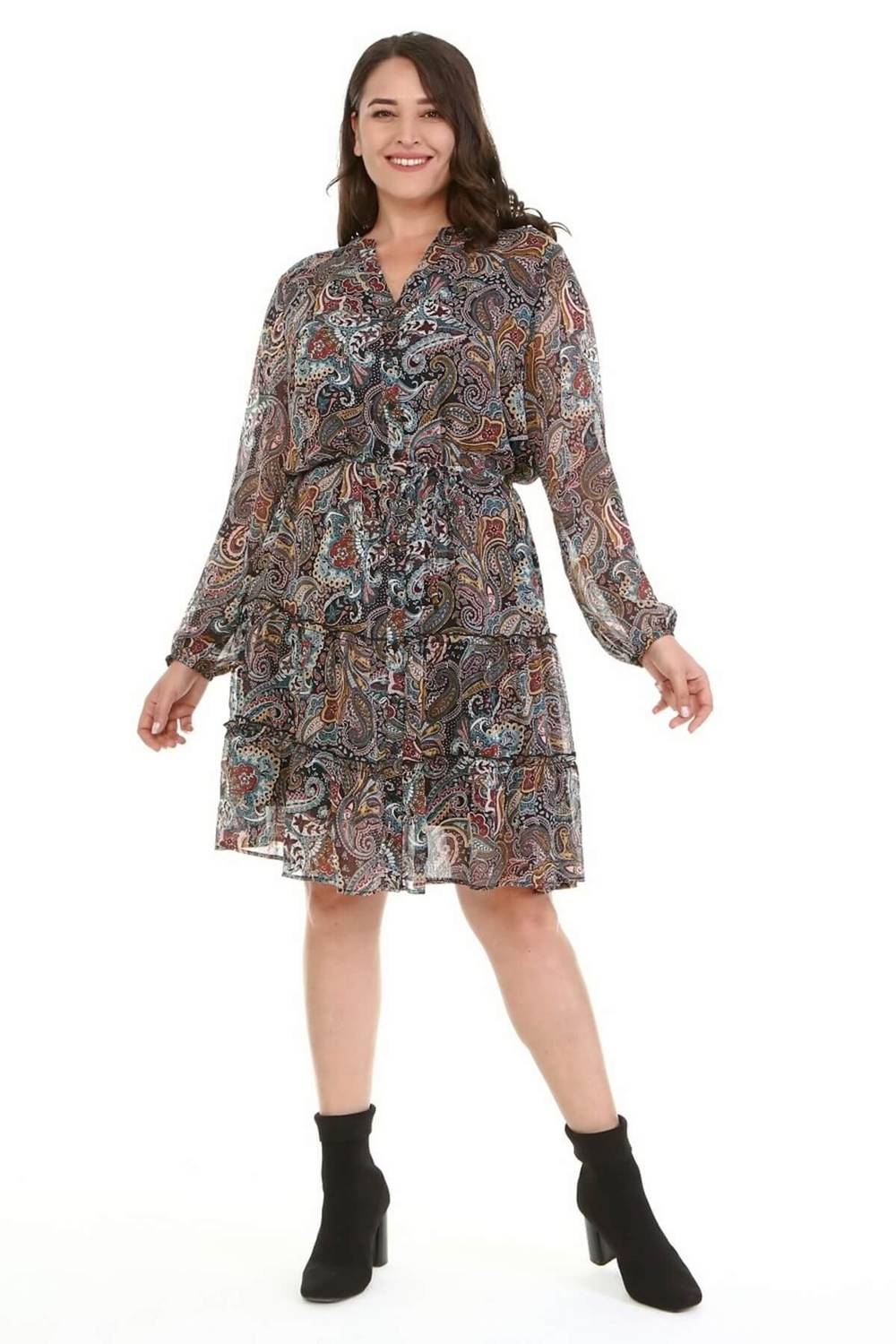 Платье с воланами и поясом большого размера, V-образный вырез, длинные рукава, подкладка, 100% полиэстер, доступно в различных размерах и цветах