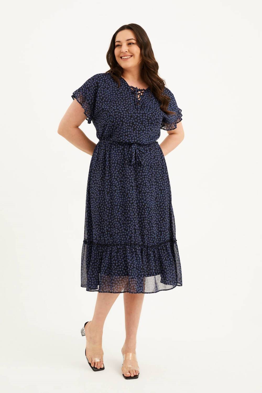 Ruffle Detailed Chiffon Dress With Lace Up Front