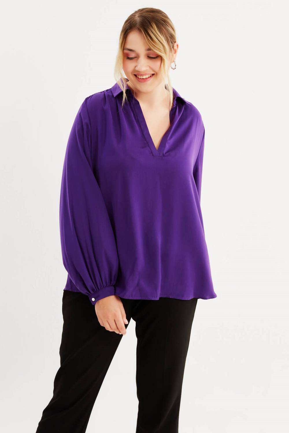 V-Neck Sleeves Pleated Blouse