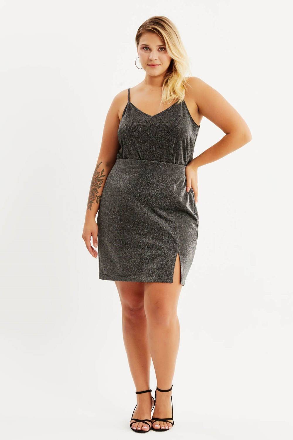 Симлі спідниця з розрізами, великий розмір, коротка, з підкладкою, висока талія, легка, сірого кольору, розміри 40-52