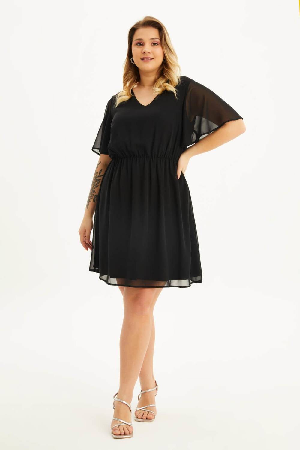 Astarlı Volanlı Şifon Elbise