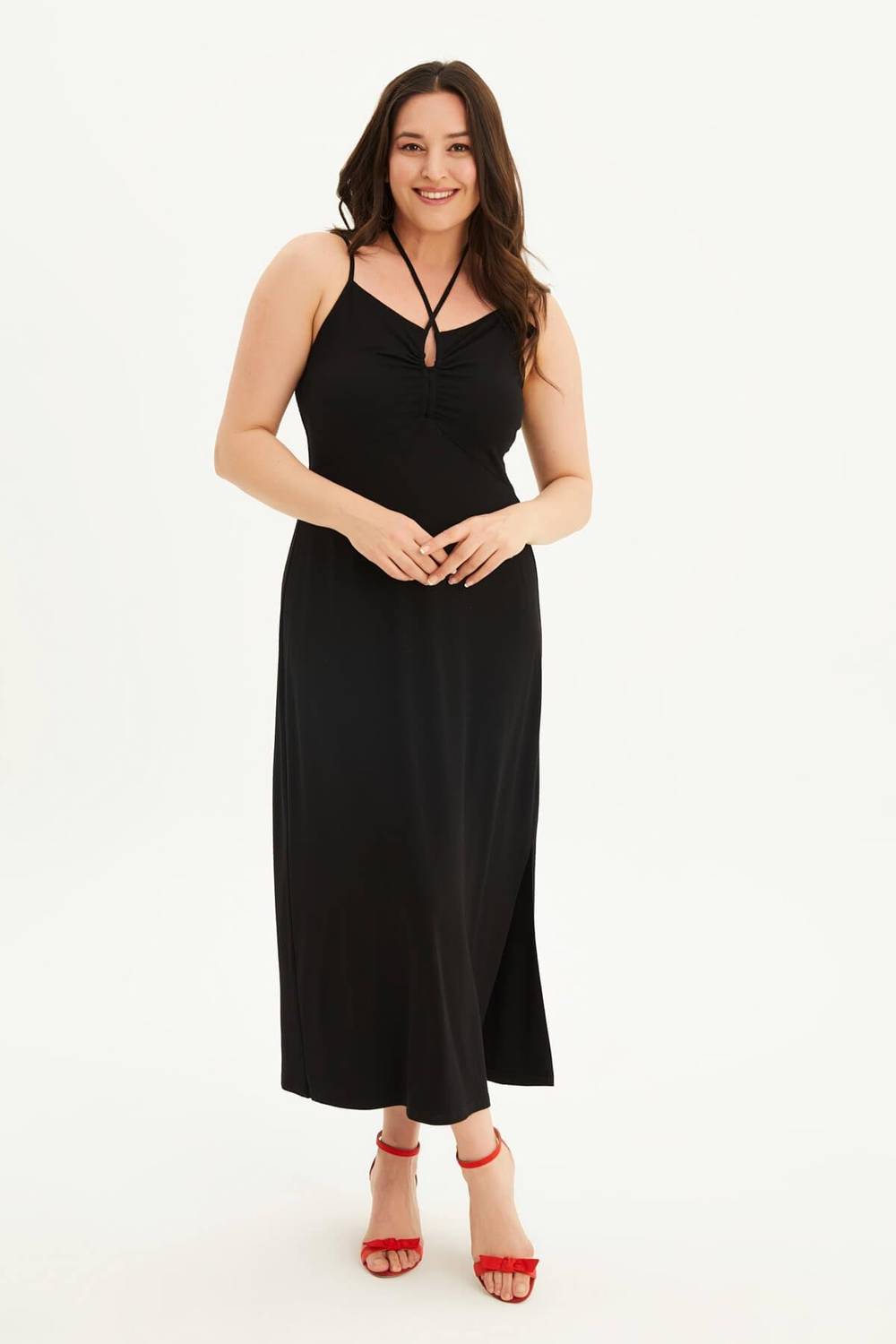 Boyundan Bağlamalı Gipeli Penye Elbise 