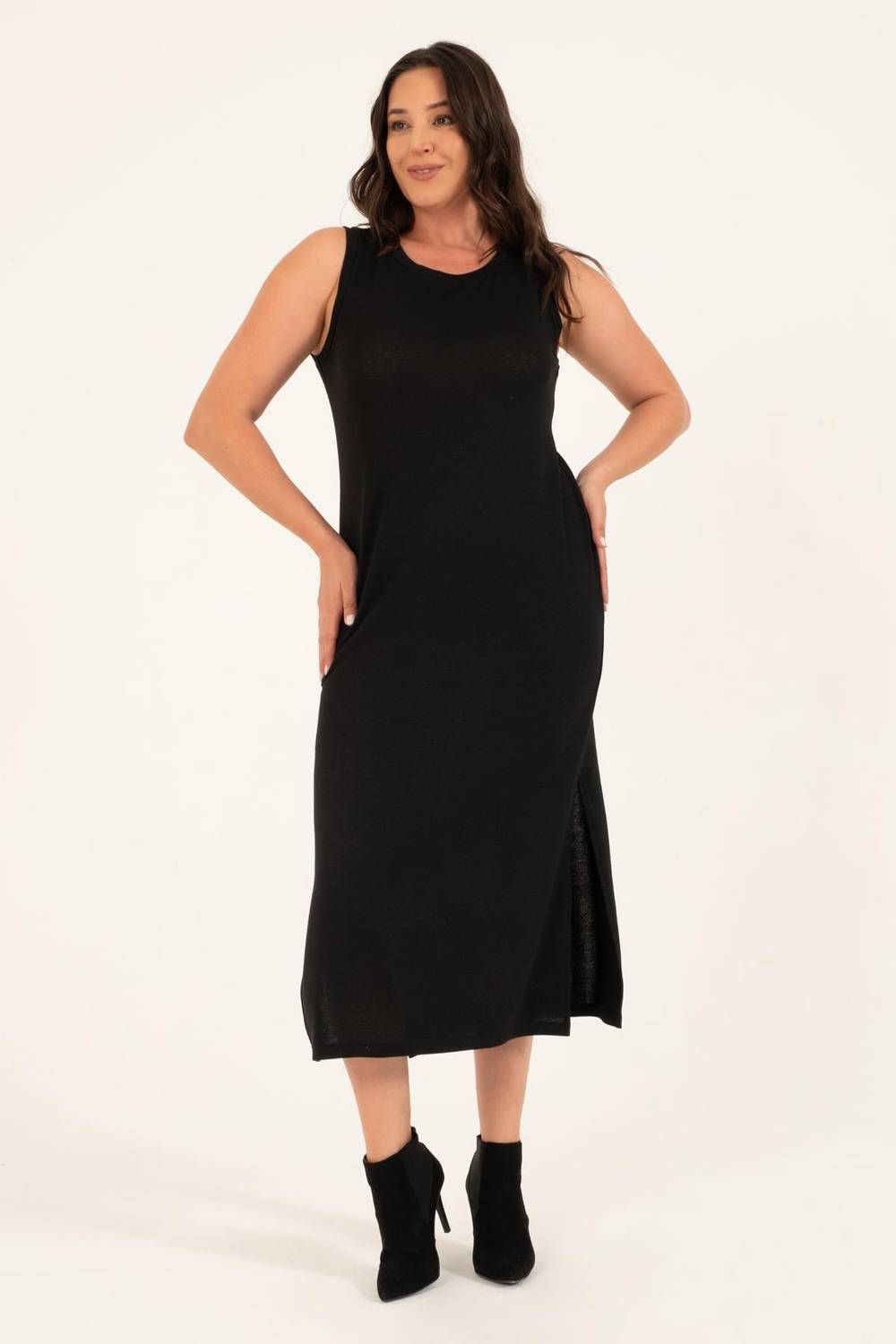 Платье трикотажное большого размера, черное, облегающее, без рукавов, из плотного вязаного материала с высоким содержанием полиэстера