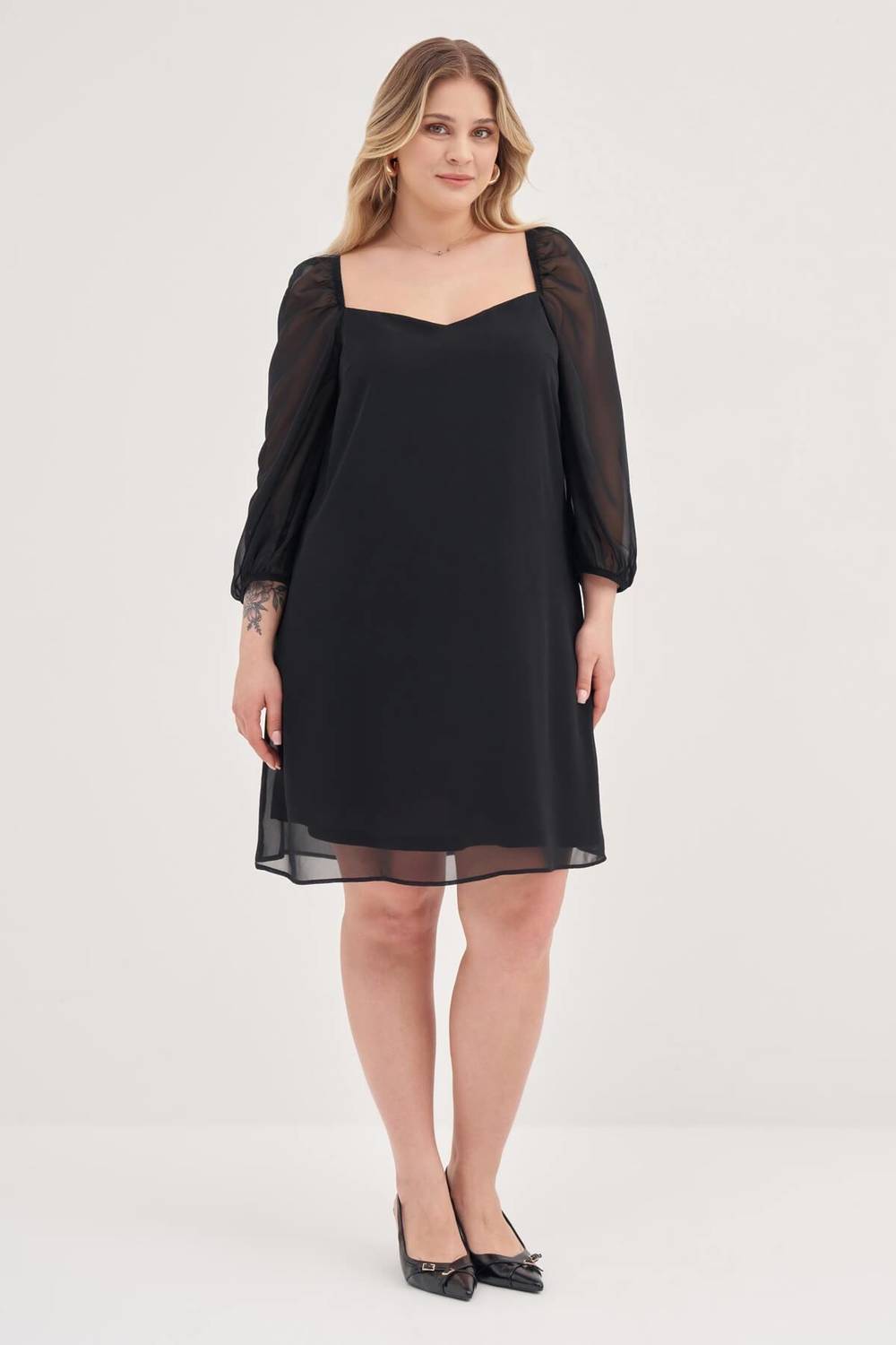 Сукня-принцеса з підкладкою, великий розмір, чорний, легка, 3/4 рукава, середня довжина, 100% поліестер