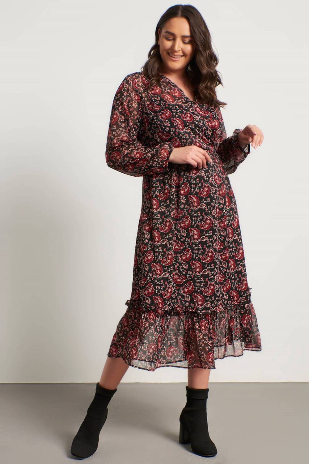 Wrapped Chiffon Lined Ruffle Detail Dress