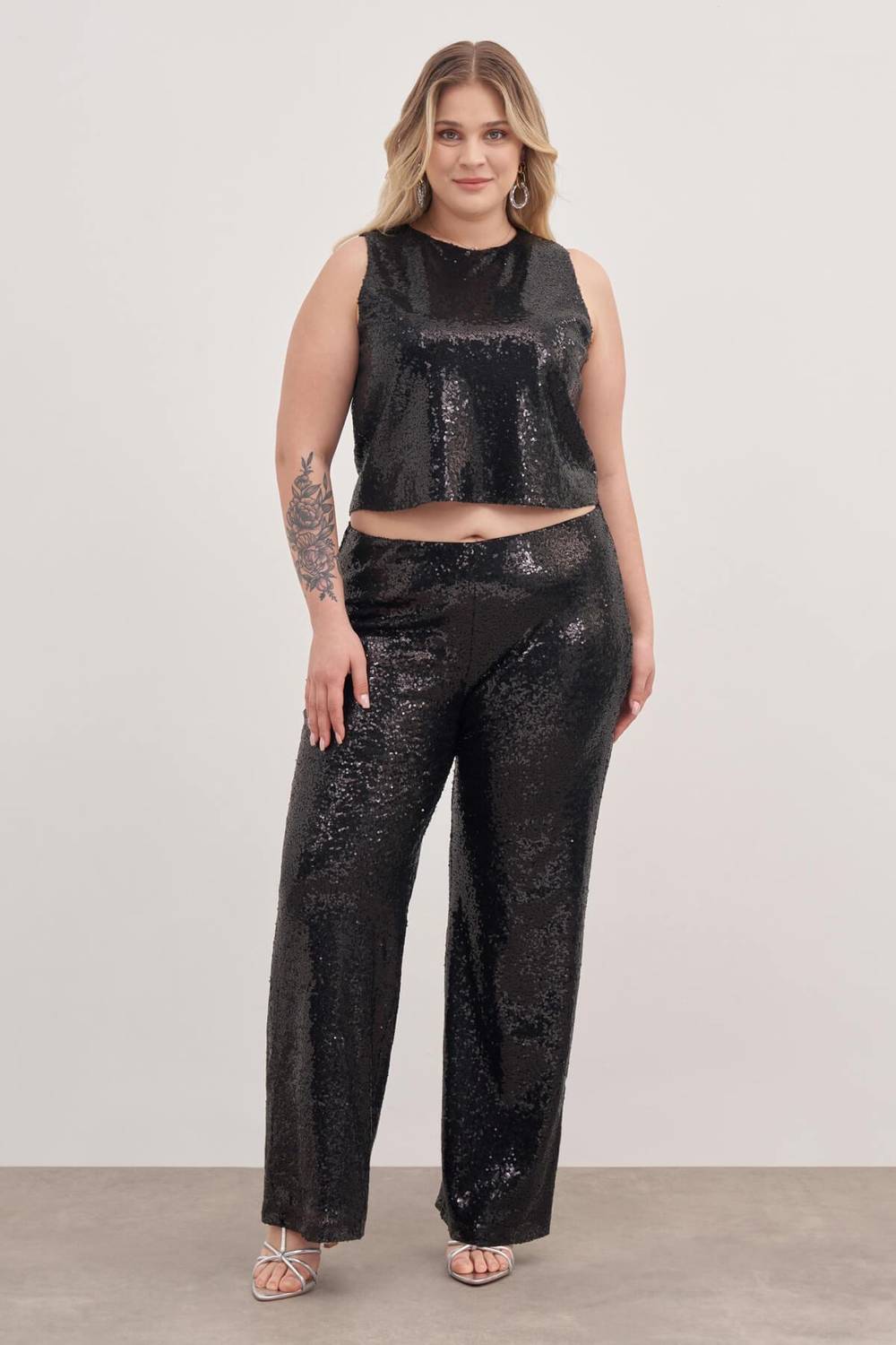 Штані з блискітками та підкладкою на гумці великих розмірів чорного кольору