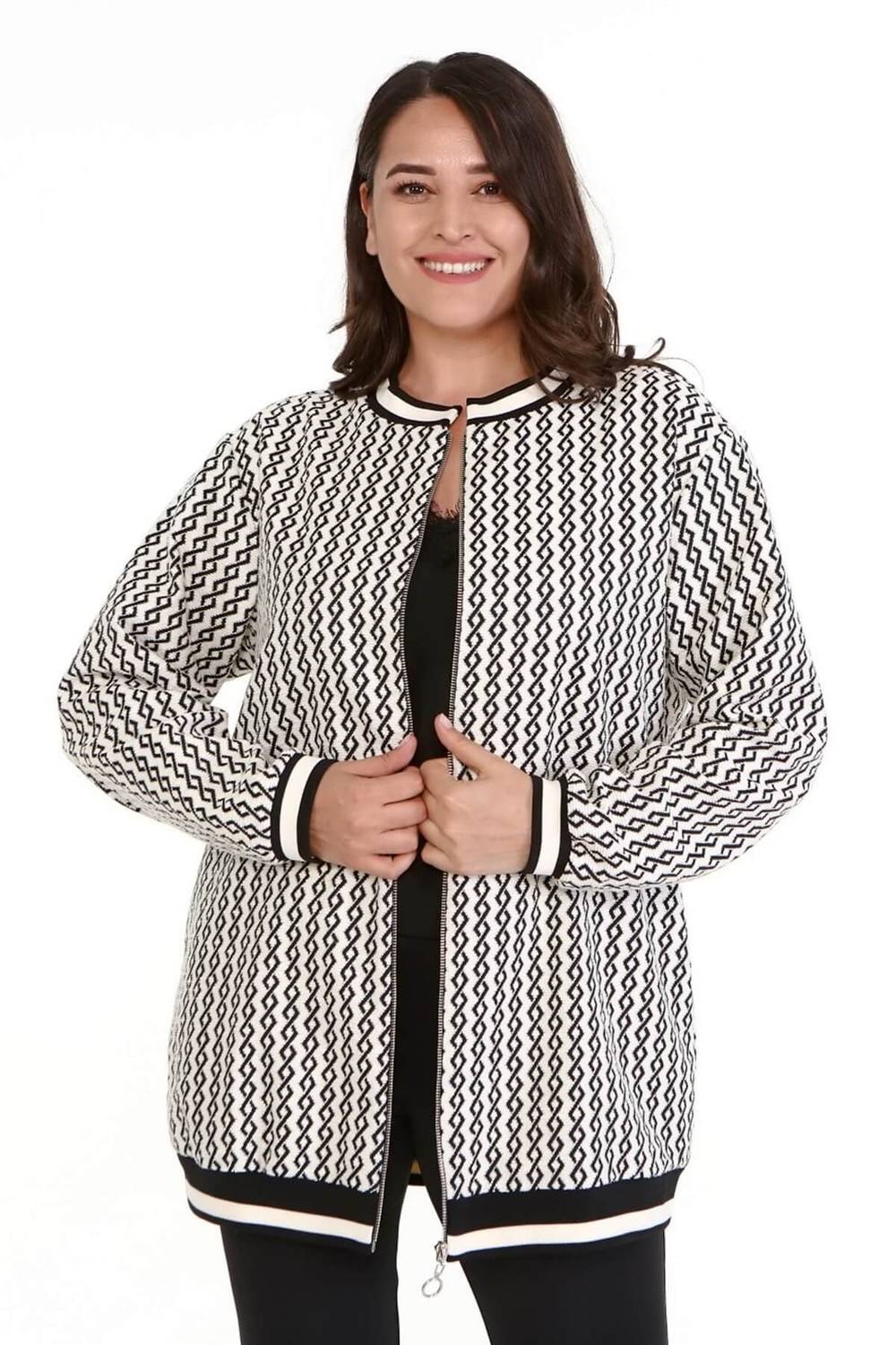 Rib Detailed Patterned Long Jacket