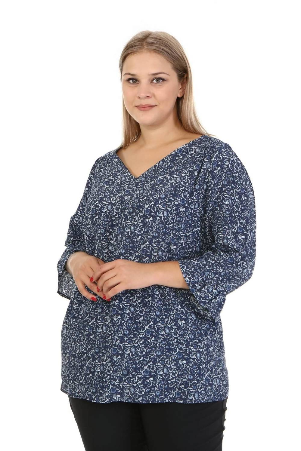 Блузка большого размера с воланами, цвет: тёмно-синий, V-образный вырез, 3/4 рукава, легкий материал, 100% вискоза, свободный крой.