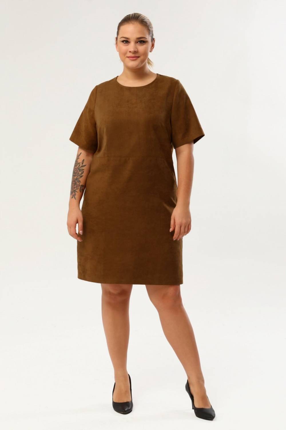 Сукня з штучного замші великого розміру, коричнева, стильна, з короткими рукавами, м'яка та комфортна, 100% поліестер, довжина 99 см