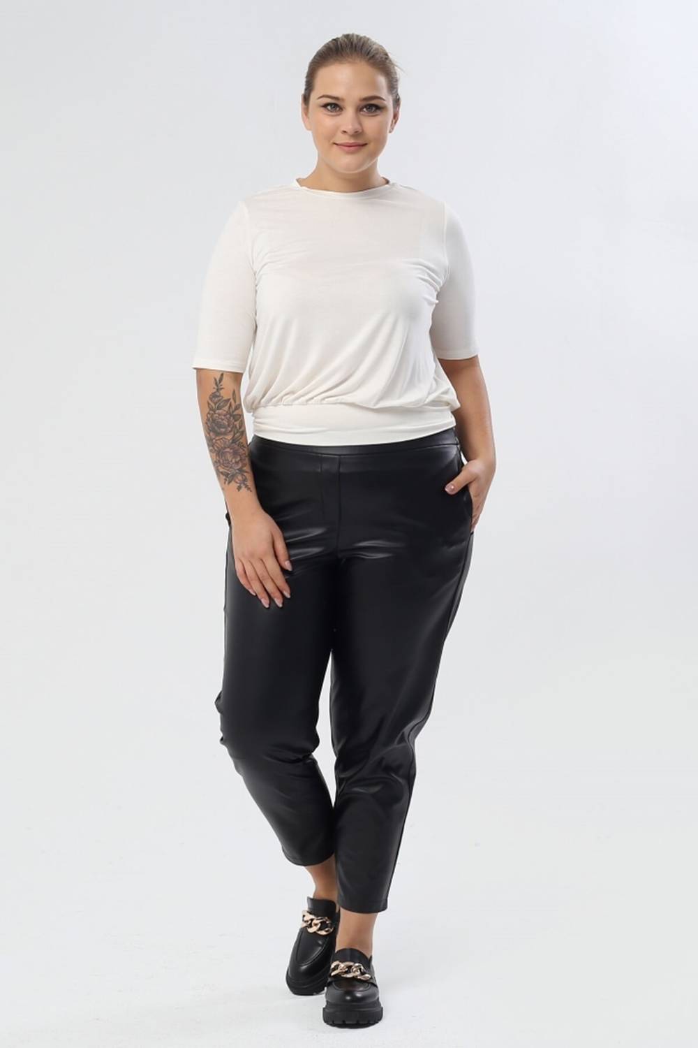 Faux Leather Waist Elastic Pocket Trousers