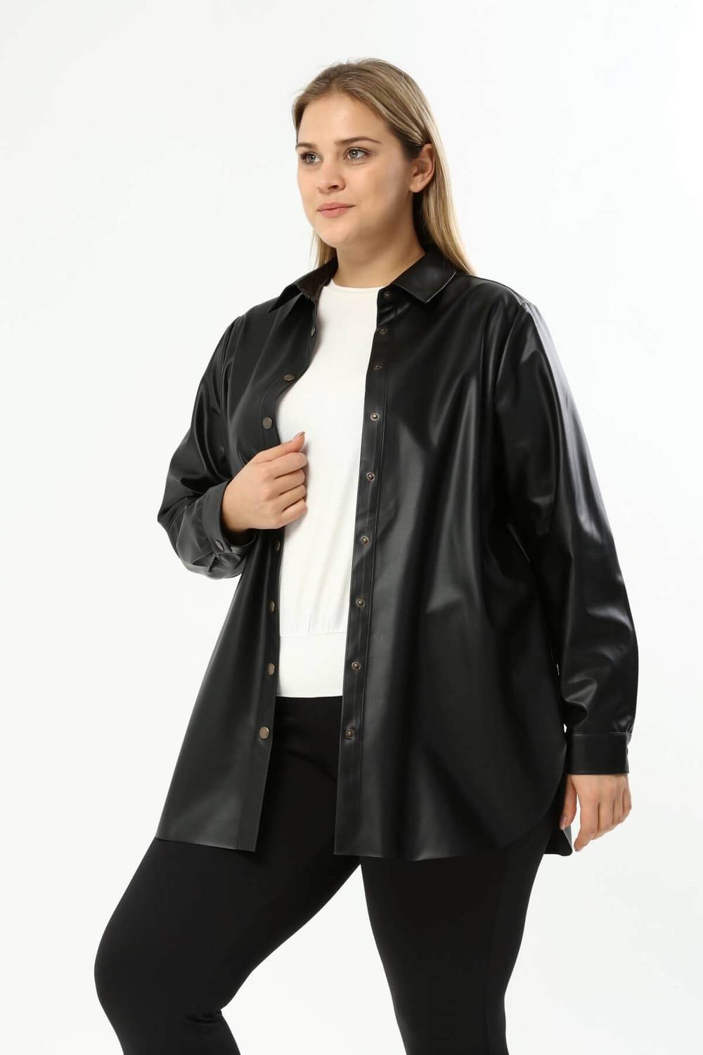 Faux Leather Belted Shirt Jacket