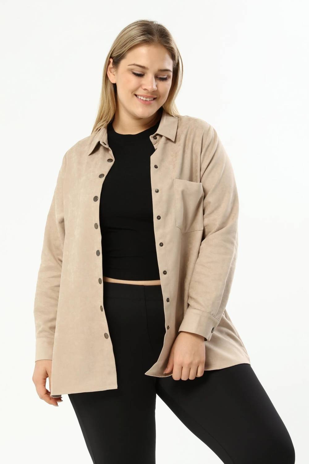 جاكيت قميص نحيل من جلد الغزال الصناعي