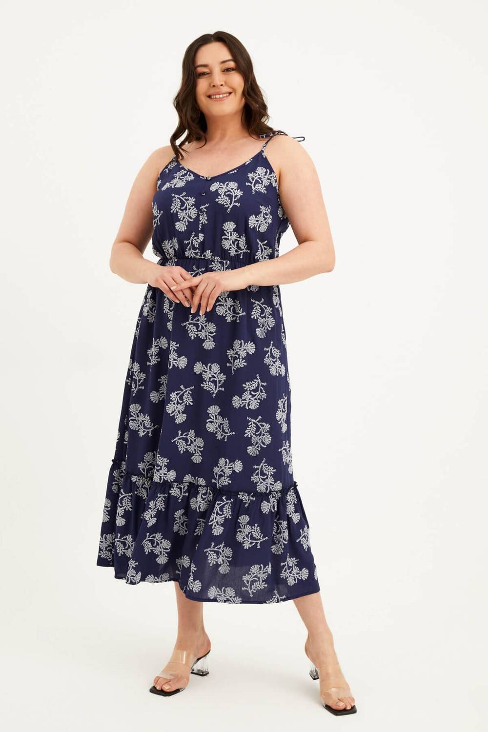 Сукня з об'ємним поясом та рюшами на бретелях, модель 44-52, колір темно-синій, 100% віскоза, довжина 135 см