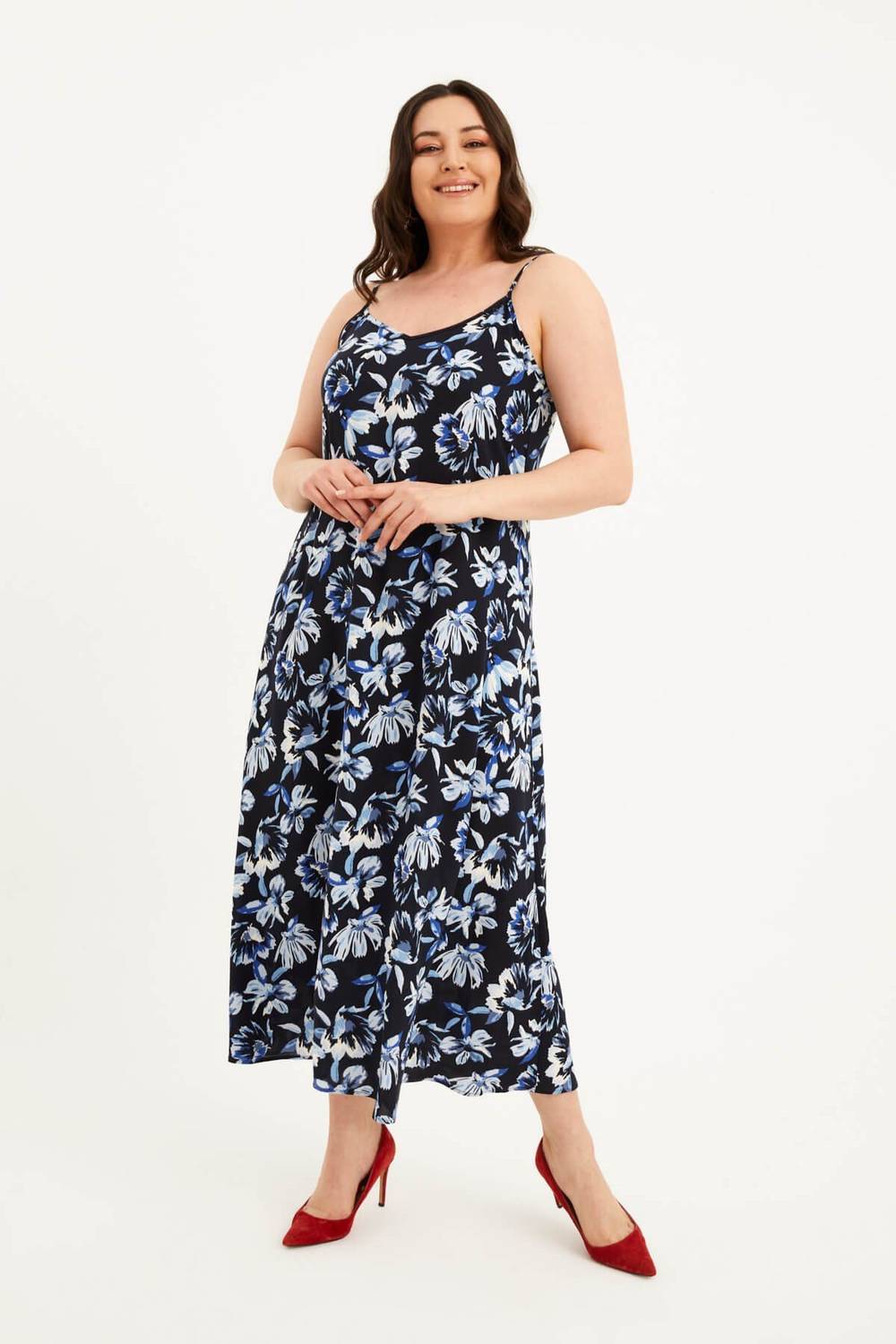 Сукня з квітковим візерунком з V-подібним вирізом, з тонкими бретелями, великі розміри, комфортна, 100% віскоза, довжина 140 см