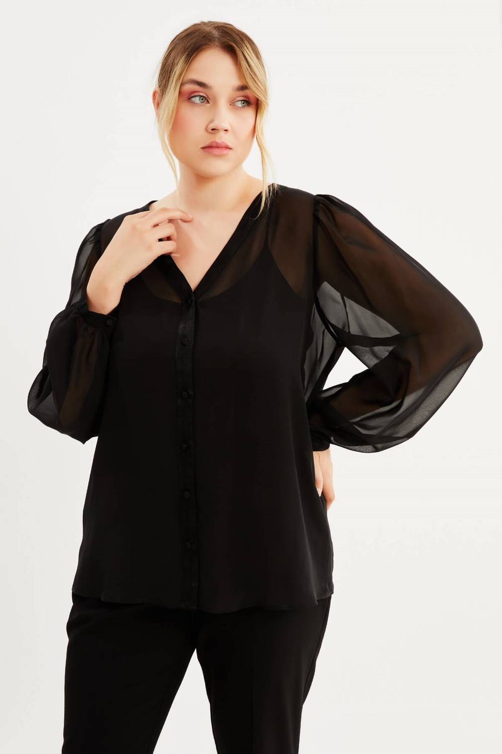 V Yaka Şifon Bluz