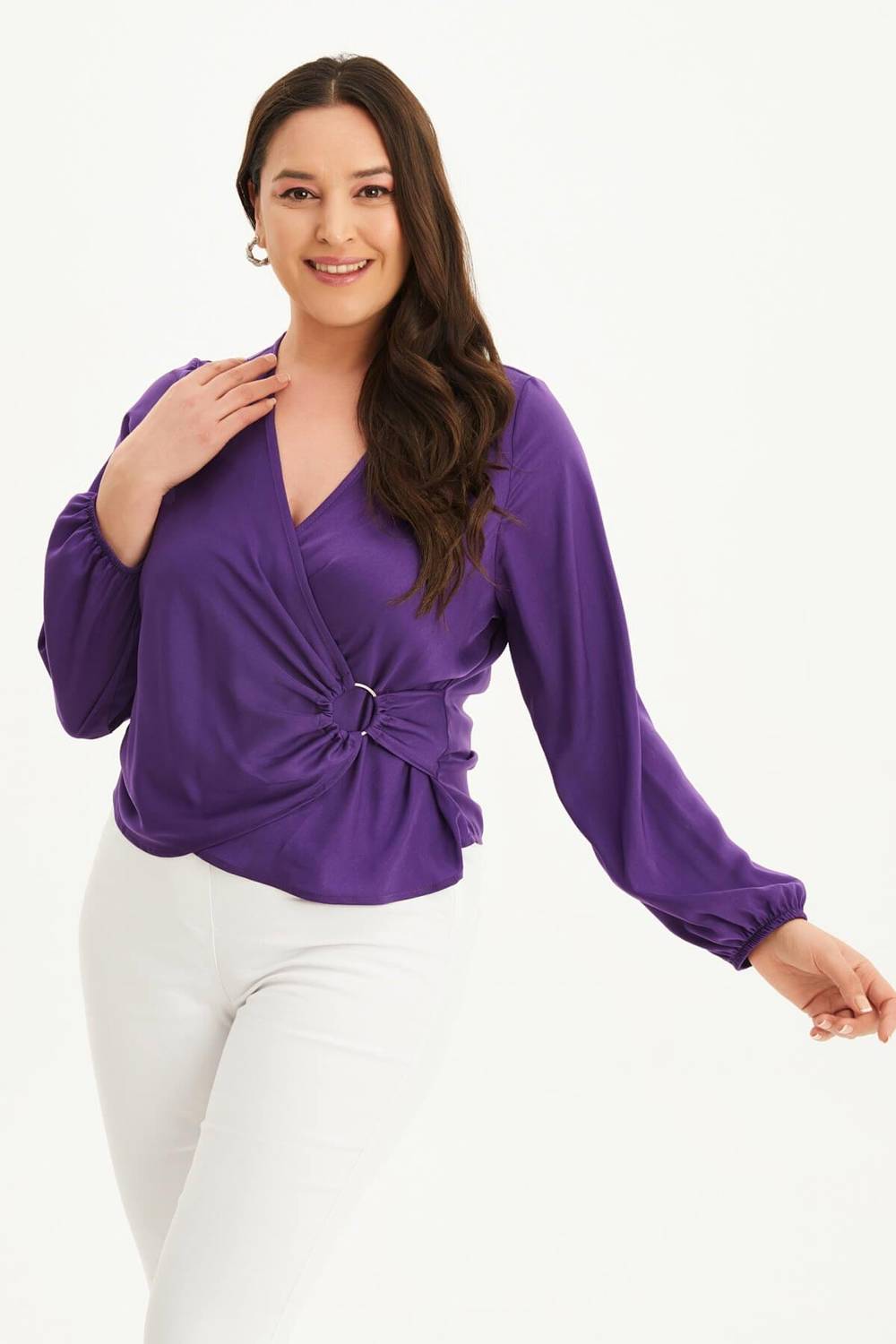 Блуза с деталями в виде анвела, V-образный вырез, длинные рукава, 100% полиэстер, подходит для больших размеров, цвет: фиолетовый