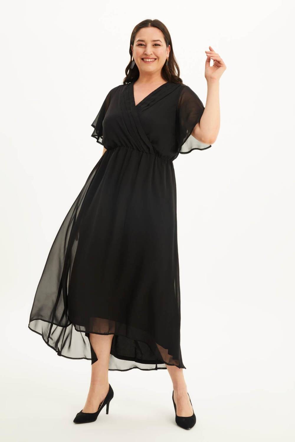 Плаття з шифону з рукавами пелерина великих розмірів, V-виріз, еластичний пояс, 100% поліестер, доступні кольори: чорний, розміри: 40-52